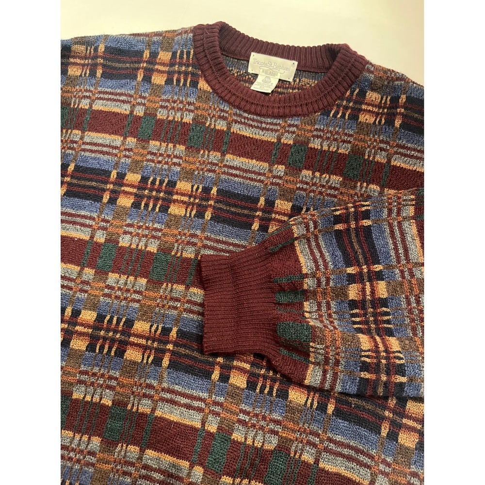 Vintage Tricots St Raphael Mens XL Merino Wool Plaid Crewneck Sweater Burgundy